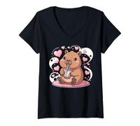 Femme Kawaii Boba Beaver avec cœurs Mignon Bubble Tea T-Shirt avec Col en V