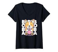Femme Kawaii Boba Mignon Anime Dog Corgi Kawaii Tea Drink Dark T-Shirt avec Col en V