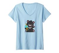 Femme Kawaii Bubble Boba Milk Tea Formosa Bear Taiwan Travel T-Shirt avec Col en V