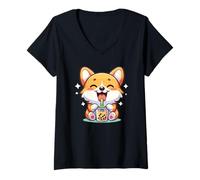Femme Kawaii Bubble Tea Boba Corgi Chien T-Shirt avec Col en V
