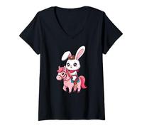 Femme Kawaii Bunny Shérif, Joli Cheval, Cowboy, Design Western T-Shirt avec Col en V