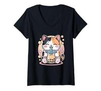 Femme Kawaii Calico Cat Boba Tea Cute Bubble Tea T-Shirt avec Col en V