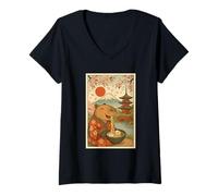 Femme Kawaii Capybara Mangeant des Ramen avec des Fleurs de Cerisier Mont Fuji T-Shirt avec Col en V