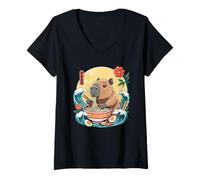 Femme Kawaii Capybara Mangeant des Ramen - Vagues du Bol T-Shirt avec Col en V
