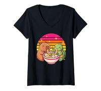 Femme Kawaii Capybara Turtle Ramen Soupe de Nouilles Rétro Coucher de Soleil T-Shirt avec Col en V