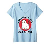 Femme Kawaii Cat Ghost J'aime Vraiment Mignon Cat Ghost Lover T-Shirt avec Col en V