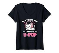 Femme Kawaii Cat Kpop ne Vous entend Pas en écoutant K Pop Girl T-Shirt avec Col en V