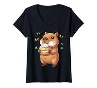 Femme Kawaii Chibi Capybara grignote joyeusement Une marmotte d'eau Amusante T-Shirt avec Col en V