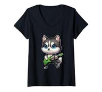 Femme Kawaii Chibi Drôle Chien Husky Sibérien Guitariste Rocker Anime T-Shirt avec Col en V