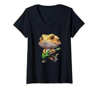 Femme Kawaii Chibi Funny Barbu Dragon Lézard Guitariste Rocker T-Shirt avec Col en V