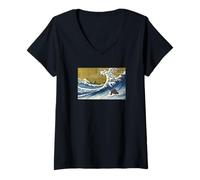 Femme Kawaii Cute Retro Vintage Surfing A Great Wave Ferret Lover T-Shirt avec Col en V