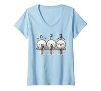 Femme Kawaii Dango Trio Chantant Raviolis de Riz Karaoké T-Shirt avec Col en V