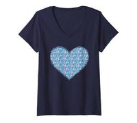 Femme Kawaii Doodle Chat Poisson Os Denim Bleu Motif Fun T-Shirt avec Col en V