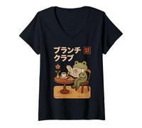 Femme Kawaii Frog Brunch Club Tokyo Street Cafe Japonais Esthétique T-Shirt avec Col en V