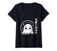 Femme Kawaii Ghost Obake - Anime Japonais Mignon pour Halloween T-Shirt avec Col en V