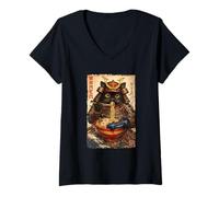 Femme Kawaii Japonais Samouraï Chat Noir Mangeant Ramen T-Shirt avec Col en V