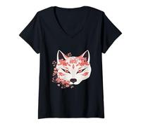 Femme Kawaii Kitsune Masque Renard Anime Japonais Fleur Cerisier Fleur T-Shirt avec Col en V
