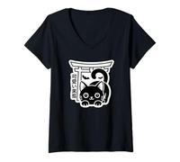 Femme Kawaii Kuroneko Torii - Tokyo Street Halloween Esthétique T-Shirt avec Col en V