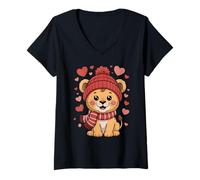 Femme Kawaii Lion Valentines Day Hearts Écharpe Bonnet T-Shirt avec Col en V