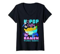Femme Kawaii Love Coffee Jeux vidéo Ramen et K-Pop Cadeau pour Les Fans de K-Pop T-Shirt avec Col en V