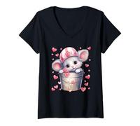 Femme Kawaii Mouse in Valentines Basket for Girls Cute Heart T-Shirt avec Col en V