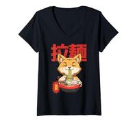 Femme Kawaii Neko Otaku Ramen Renard Anime Ramen T-Shirt avec Col en V