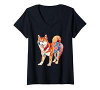 Femme Kawaii Origami Shiba Inu | Porte-Chien à Motif de Fleurs du T-Shirt avec Col en V