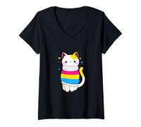 Femme Kawaii Pan Pan Pansexuali Cat with Sweater - Cute LGBTQ+ Pride T-Shirt avec Col en V