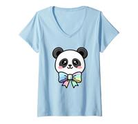 Femme Kawaii Panda Dessin animé Arc-en-Ciel Arc Visage Pastel Mignon T-Shirt avec Col en V