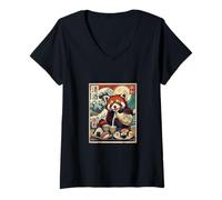 Femme Kawaii Panda Rouge Verser Sushi Ukiyo-e Art Japonais T-Shirt avec Col en V