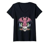 Femme Kawaii Pastel Goth Creepy Cute Cat Ailes de Chauve-Souris Tête de Mort effrayante T-Shirt avec Col en V