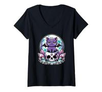 Femme Kawaii Pastel Goth Mignon Chat Effrayant Squelette De T-Shirt avec Col en V