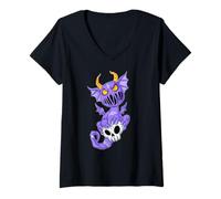 Femme Kawaii Pastel Goth, Mignon Dragon et crâne de démon Effrayant T-Shirt avec Col en V
