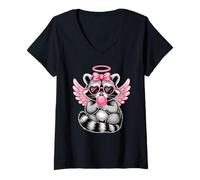 Femme Kawaii Raccoon Valentine's Day Angel with Heart Sunglasses T-Shirt avec Col en V