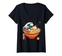 Femme Kawaii Ramen Wave Lapins & Crevettes Nouilles Japonaises Art T-Shirt avec Col en V
