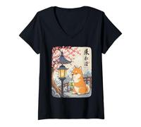 Femme Kawaii Shiba Inu Matcha Boba Japonais Anime Mignon Amoureux des Chiens T-Shirt avec Col en V
