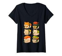 Femme Kawaii Shiba Inu Sushi Roll Set de rouleaux de sushi dans un style amusant Chibi T-Shirt avec Col en V