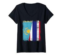 Femme Kazakhstan Thaïlande Demi-Drapeau Racines thaïlandaises kazakhes T-Shirt avec Col en V