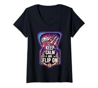 Femme Keep Calm and Flip on Retro Pinball Arcade Game T-Shirt avec Col en V