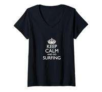 Femme Keep Calm and Go Surf! / Motif Plage de Surfeur Amusant T-Shirt avec Col en V