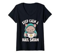 Femme Keep Calm & Hail Satan, Chat Occulte Amusant et Amateur de café T-Shirt avec Col en V