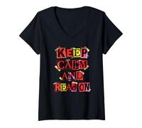 Femme Keep Calm Read on Collage Reader Amateur de Livres T-Shirt avec Col en V