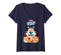 Femme Kellogg's Frosties Bol à céréales givré Tony Le Tigre T-Shirt avec Col en V, Bleu Marine, XL