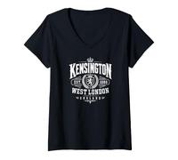 Femme Kensington West London England Est. 1086 Impression Blanche T-Shirt avec Col en V