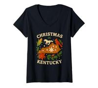 Femme Kentucky Chemise de Vacances Cardinal Cheval Étoile Houx Maïs Carte T-Shirt avec Col en V