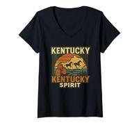 Femme Kentucky Spirit Chemise Sunset Horses Barrels State Map Pride T-Shirt avec Col en V