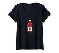 Femme Ketchup Bouteille de Sauce Tomate Condiment Fantaisie T-Shirt avec Col en V