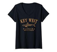Femme Key West Florida Shark Lettres rétro arquées Orange T-Shirt avec Col en V