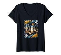 Femme Kiev Ukraine Peace Art avec tournesols et colombes T-Shirt avec Col en V
