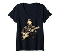 Femme Kim Jong Un Playing Guitare électrique Rock Music Superstar T-Shirt avec Col en V